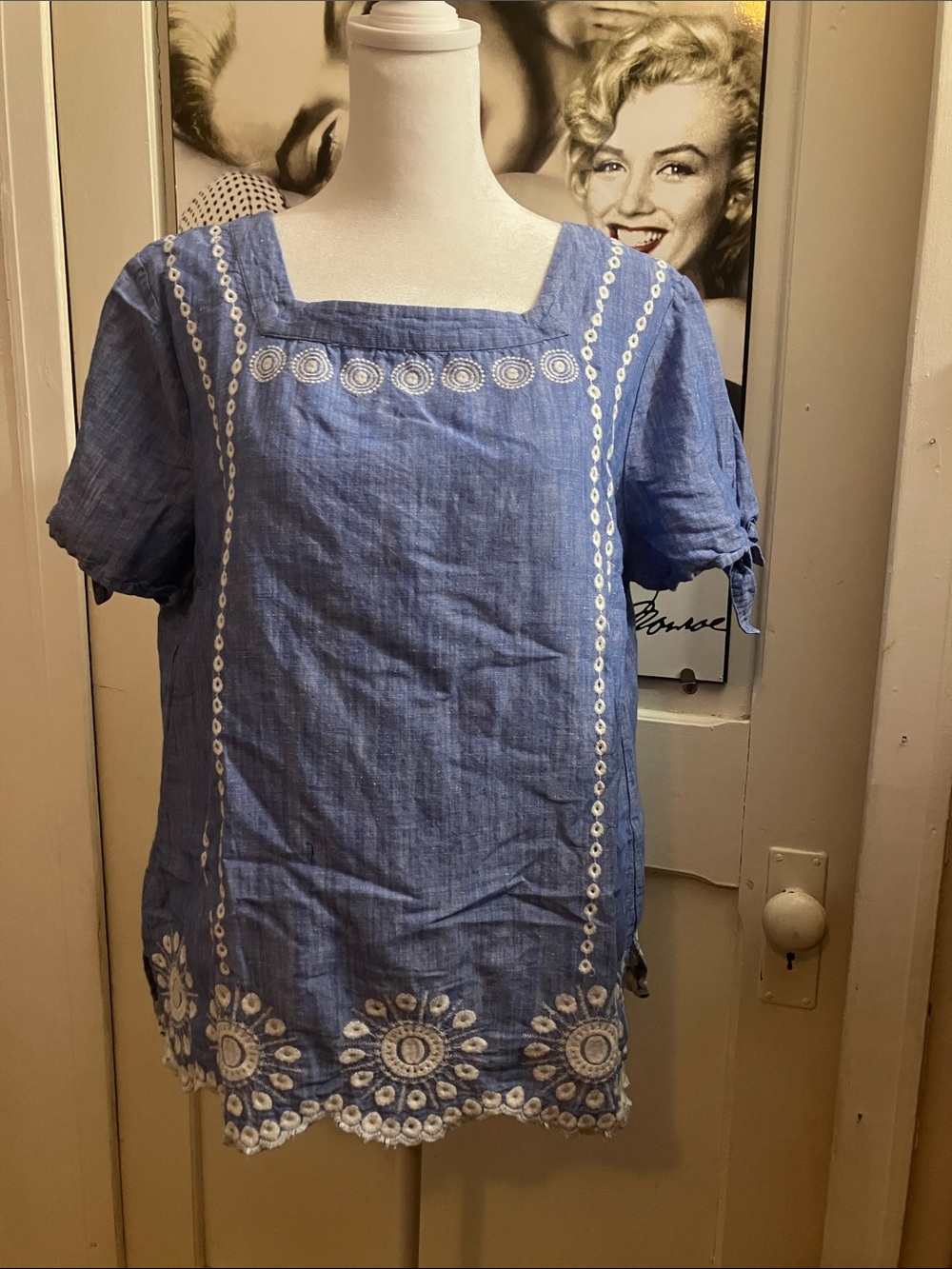 Talbots Blue Embroidered Square-Neck Tunic Large linen cotton blend